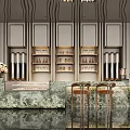 Modern Elegant Sales Office With Reception Desk Marble Countertop Golden Decorations Green Plants And Chandeliers