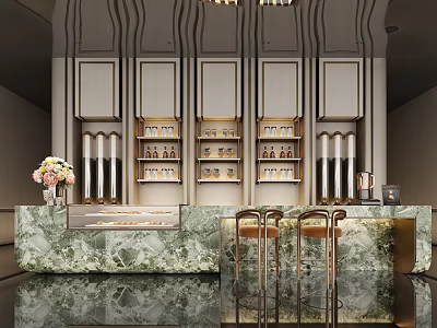 Modern Elegant Sales Office With Reception Desk Marble Countertop Golden Decorations Green Plants And Chandeliers 3d model