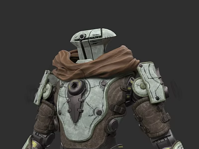 Intricate Armored Figure Sculpture With Mechanical Details Brown Scarf And Textured Surface 3d model