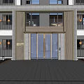 Modern Residential Building Entrance Gate With Glass Doors Paved Walkway And Greenery