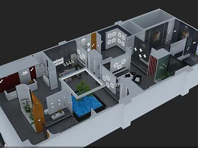 Modern Specialty Store Interior Layout With Open Display Areas Lighting And Green Plant Decorations 3d model
