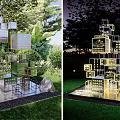 Outdoor Garden Landscape Sculpture With Stacked Geometric Metal Cubes And Night Illumination