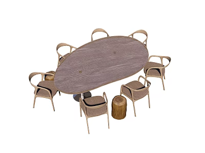 Modern Minimalist Wooden Oval Dining Table Set With Six Wicker Chairs And Small Stool 3d model