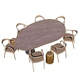 Modern Minimalist Wooden Oval Dining Table Set With Six Wicker Chairs And Small Stool