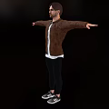 Man In Brown Leather Jacket White Inner Shirt Black Pants Arms Outstretched On Black Background