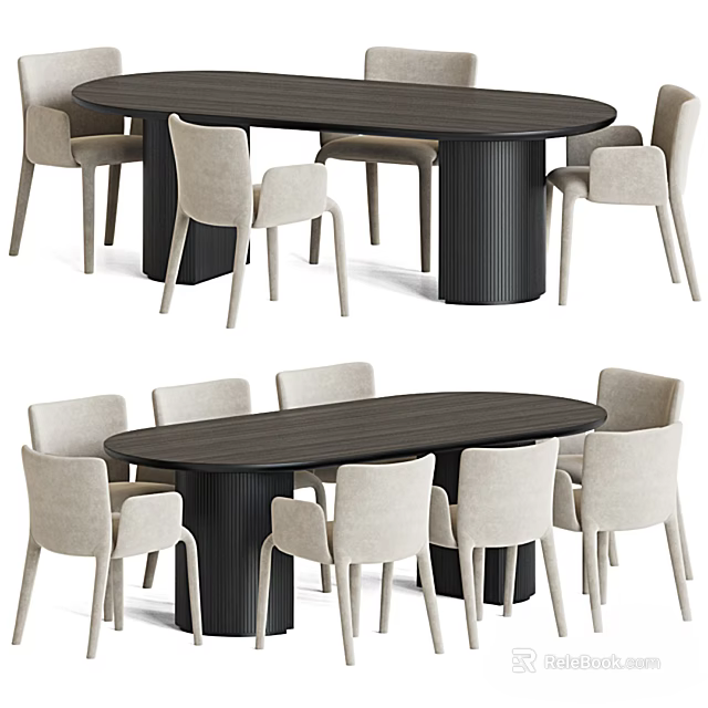 Modern Minimalist Dining Table Set With Oval Dark Wood Table And Light Beige Upholstered Chairs 3d model 