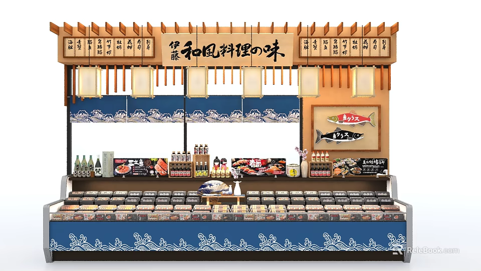 Traditional Japanese Style Cuisine Display Shelf With Lanterns Signs And Food Items 3d model 