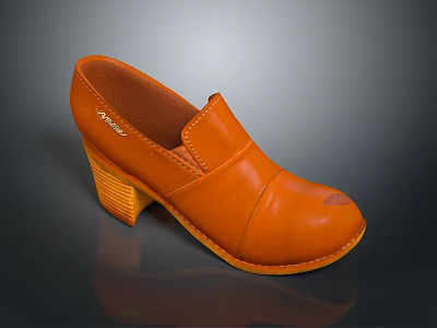 Orange Leather High Heel Shoes With Wooden Textured Heel And Stitched Design 3d model