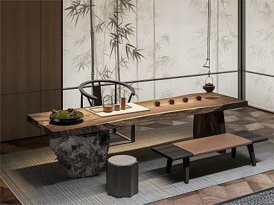 Modern Tea Room Interior With Wooden Tea Table Tea Sets Bench And Bamboo Decor 3d model