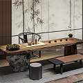 Modern Tea Room Interior With Wooden Tea Table Tea Sets Bench And Bamboo Decor