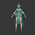 3D Female Fantasy Character With Green Blue Outfit Mask And Creature Inspired Features