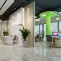 Modern Public Office Workspace With Open Desks Computers Green Plants Pendant Lights And Floor-to-Ceiling Windows