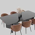 Modern Minimalist Dining Table Set with Rectangular Black Tabletop Six Brown Upholstered Chairs and Decorative Vase 3d model