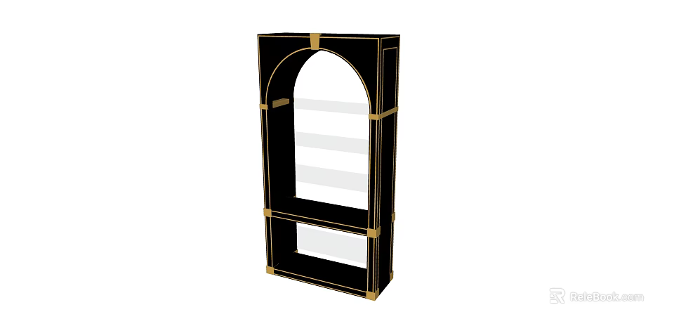 Black Gold Accent Arch Design Glass Panel Shelving Unit With Multiple Shelves 3d model 