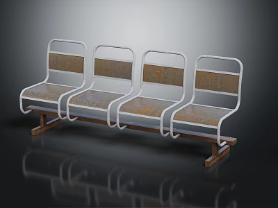 Modern Public Waiting Bench With White Metal Frame And Brown Wooden Seats 3d model