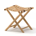 Two Folding Stools With Wooden Frame Gray Seat And Woven Seat Design