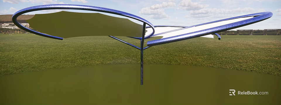 Blue Curved Metal Sunshade Structure Over Green Grass Field With Blue Sky And White Clouds 3d model 