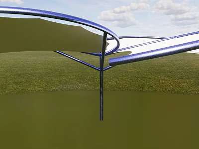 Blue Curved Metal Sunshade Structure Over Green Grass Field With Blue Sky And White Clouds 3d model