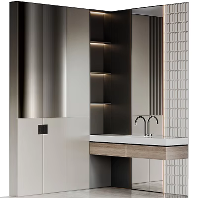 Modern Bathroom Vanity Interior Design With Wooden Cabinet White Countertop Faucet And Vertical Slats Wall 3d model