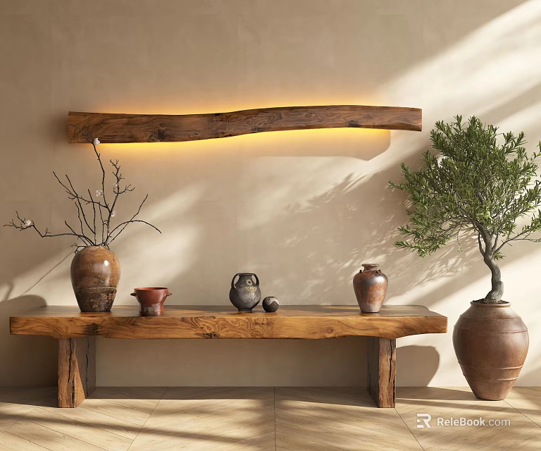 Rustic Wooden Wall Lamp With Glowing Light And Clay Pots Plants On Bench Interior Decor 3d model 