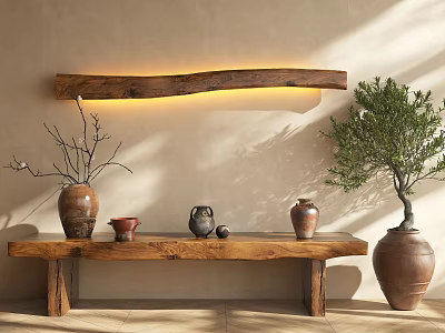 Rustic Wooden Wall Lamp With Glowing Light And Clay Pots Plants On Bench Interior Decor 3d model