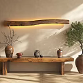 Rustic Wooden Wall Lamp With Glowing Light And Clay Pots Plants On Bench Interior Decor