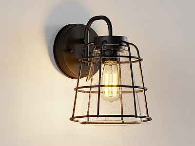 Industrial Wall Sconce With Black Metal Grid And Clear Glass Shade Exposed Bulb 3d model