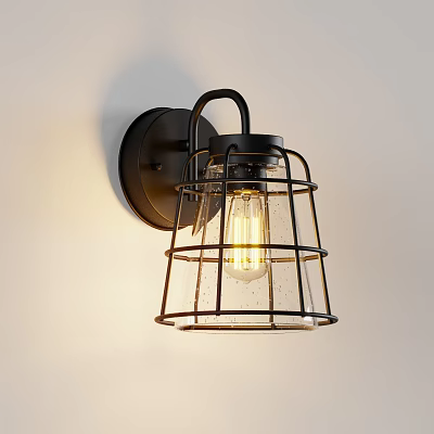 Industrial Wall Sconce With Black Metal Grid And Clear Glass Shade Exposed Bulb 3d model