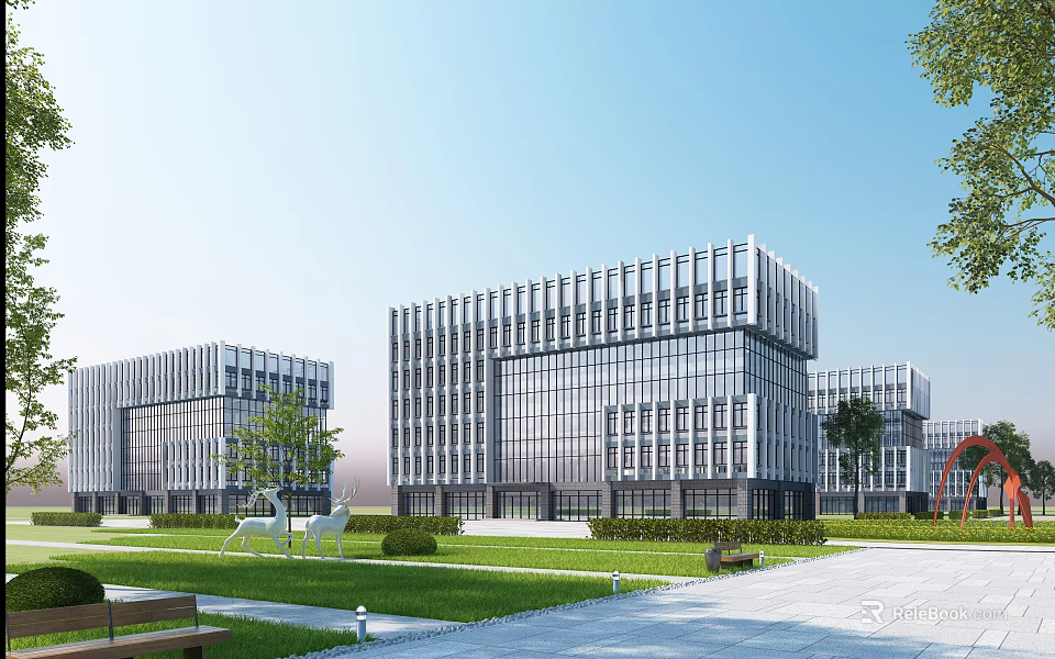 Modern Office Building With Glass Facade Green Lawn And Trees In Plaza 3d model 
