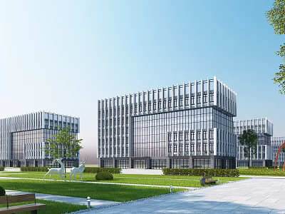 Modern Office Building With Glass Facade Green Lawn And Trees In Plaza 3d model