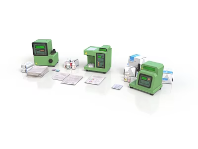 Green Medical Testing Devices With Test Strips Reagent Bottles And Packaging Boxes In Laboratory Setting 3d model