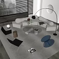 Modern L shaped Sofa and Round Glass Coffee Table Set with Floor Lamp and Decorative Rug