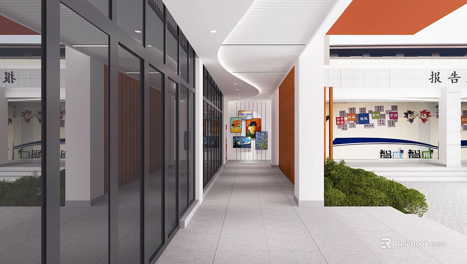 Modern Elevator Hallway Interior With Glass Doors Wall Decor And Green Plants 3d model 