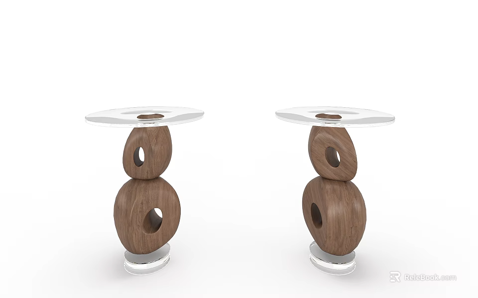 Modern Wooden Side Tables with Glass Top and Hollowed Circular Stacked Bases Artistic Minimalist Design 3d model 