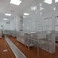 Commercial Kitchen Stainless Steel Tableware Set With Chefs Working On Tile Floor And Windows