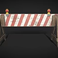 Red And White Striped Road Barrier With Wooden Support Stands And Yellow Warning Lights