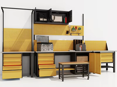 Yellow Pegboard Work Desk With Black And Yellow Drawers And Metal Frame Side Table 3d model