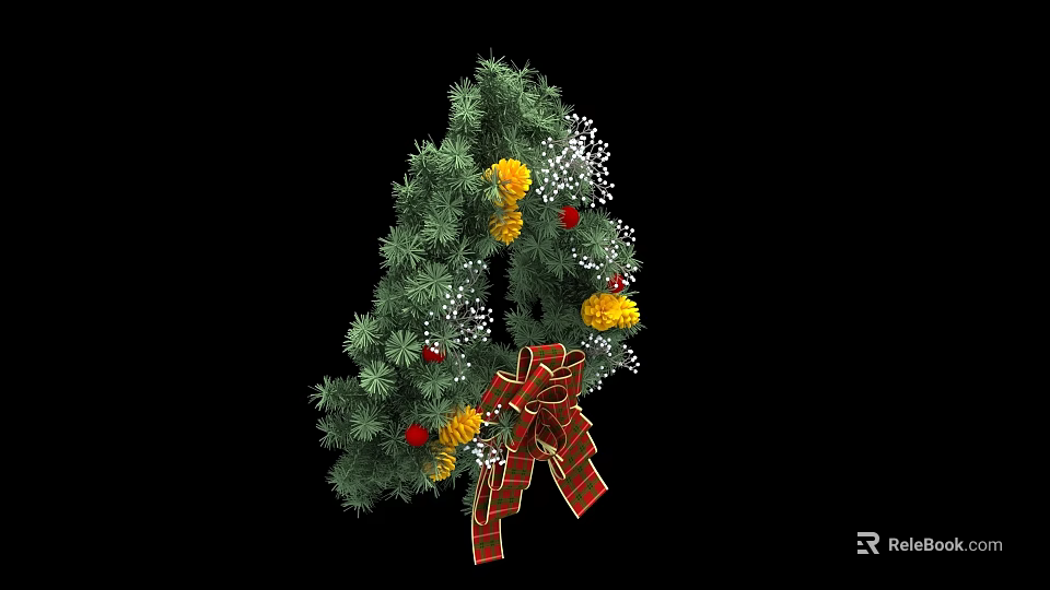 Green Tree Shaped Decorative Ornament Set With Yellow Red Flowers White Decorations And Red Bow 3d model 
