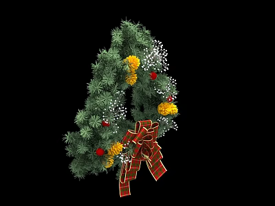 Green Tree Shaped Decorative Ornament Set With Yellow Red Flowers White Decorations And Red Bow 3d model