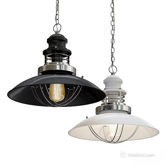 Two Modern Industrial Pendant Lights with Black White Metal Shades and Edison Bulbs 3d model 