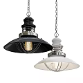 Two Modern Industrial Pendant Lights with Black White Metal Shades and Edison Bulbs