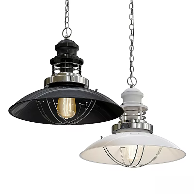 Two Modern Industrial Pendant Lights with Black White Metal Shades and Edison Bulbs 3d model