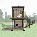 Modern Wooden Cabin with Large Glass Windows Surrounded by Trees Staircase to Terrace with Plants