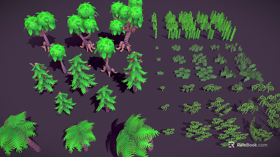 Various Green Plants Including Trees Shrubs And Ferns As 3D Models On Dark Background 3d model 