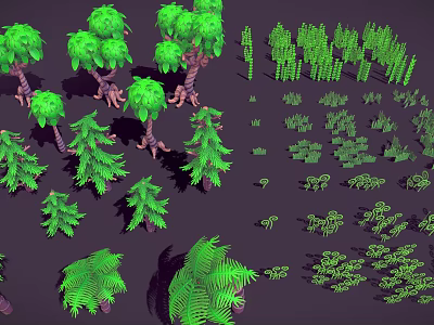 Various Green Plants Including Trees Shrubs And Ferns As 3D Models On Dark Background 3d model