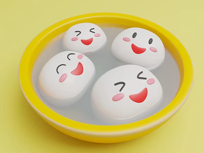 Cute White Round Smiling Characters Floating In Yellow Bowl With Water 3d model
