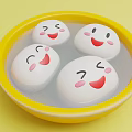 Cute White Round Smiling Characters Floating In Yellow Bowl With Water