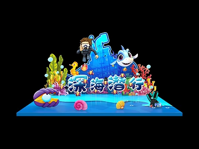 Deep Sea Diving Themed Decorative Scene With Cartoon Characters Fish And Marine Elements 3d model
