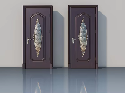 Elegant Dark Brown Swing Door with Carved Decoration and Oval Glass Panel 3d model