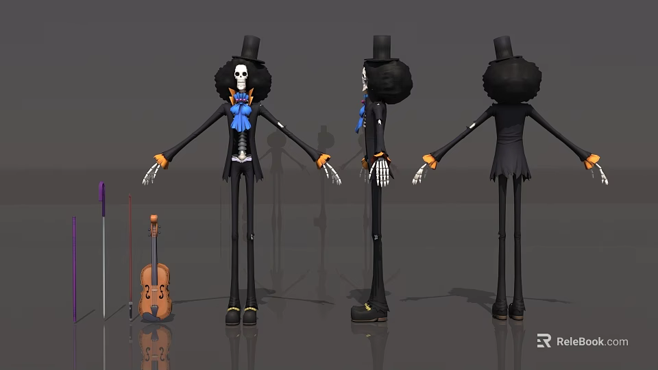 3D Skeleton Game Movie Character With Top Hat Black Coat Blue Bow Tie Violin And Baton 3d model 